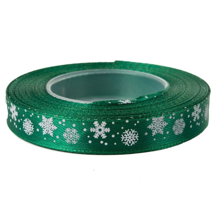 wstążka satynowa świąteczna ciemny zielona śnieżynki 12 mm.jpg